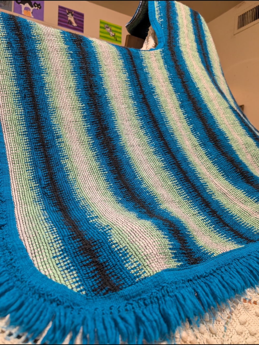 Traditional Southwestern Fringe Poncho Bright Blue Handwoven Festival Summer Fav